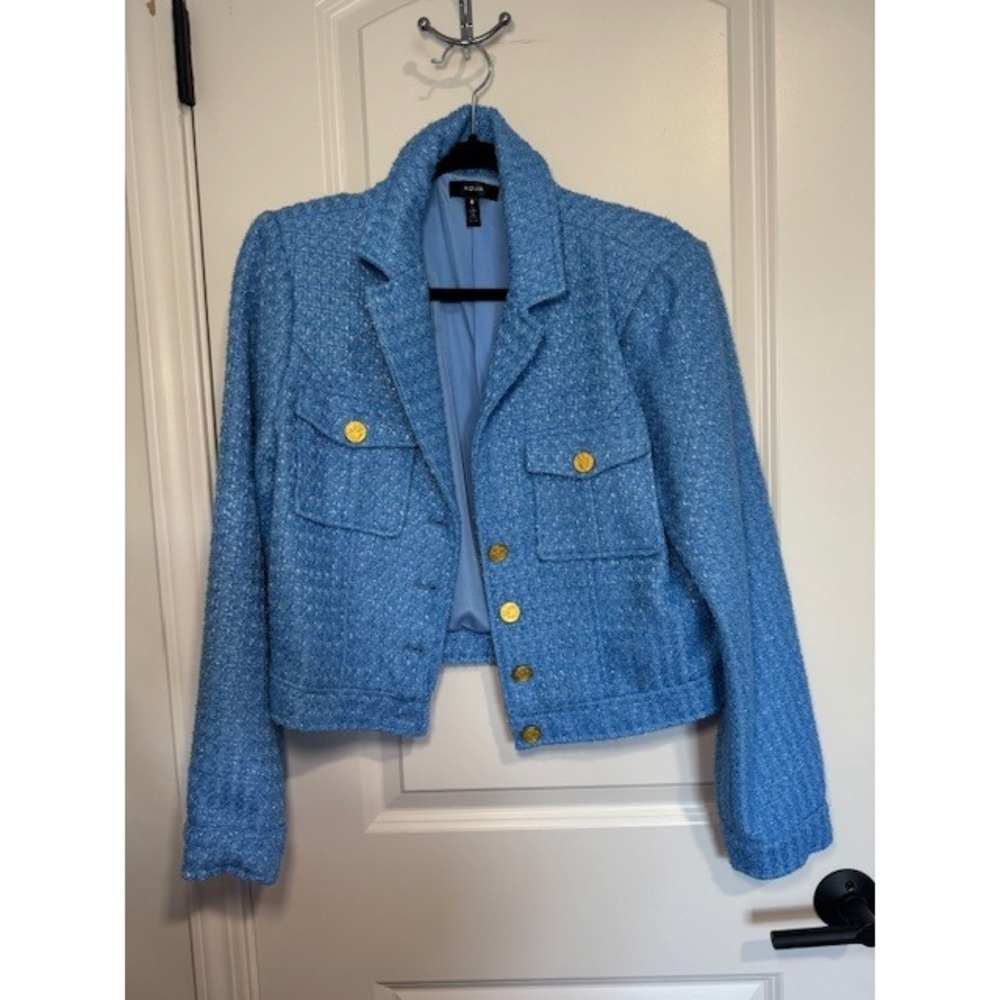 Aqua Womens Light Blue Tweed Cropped Jacket Gold Button Textured Blazer Size M